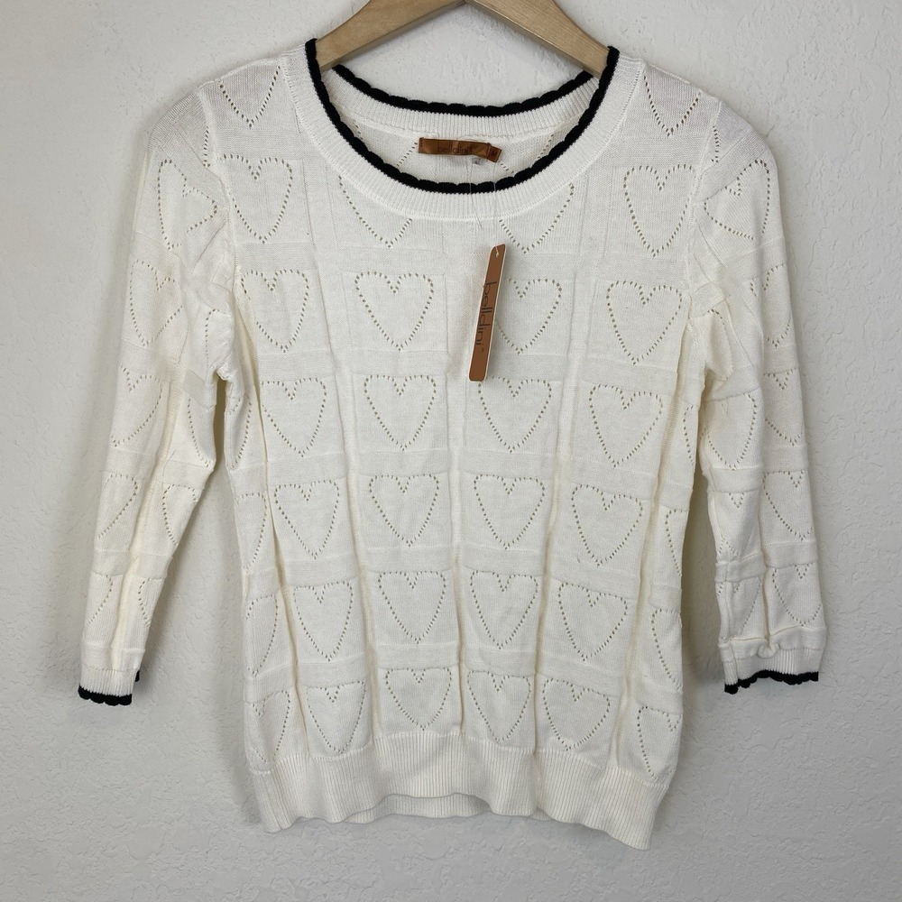 Belldini Womens M Knit Top Heart Intarsia Pinup Coquette Ivory Preppy